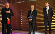 Celebrated theatre and opera director Peter Stein (L) receives award from Robert Juliat's Francois Juliat (R). Sibiu Gala Celebration 2014 - © Dragos Dumitru